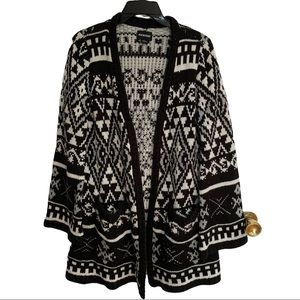 Joe Boxer Womens Black White Geometric Long Sleeve Open Front Long Cardigan Sz L